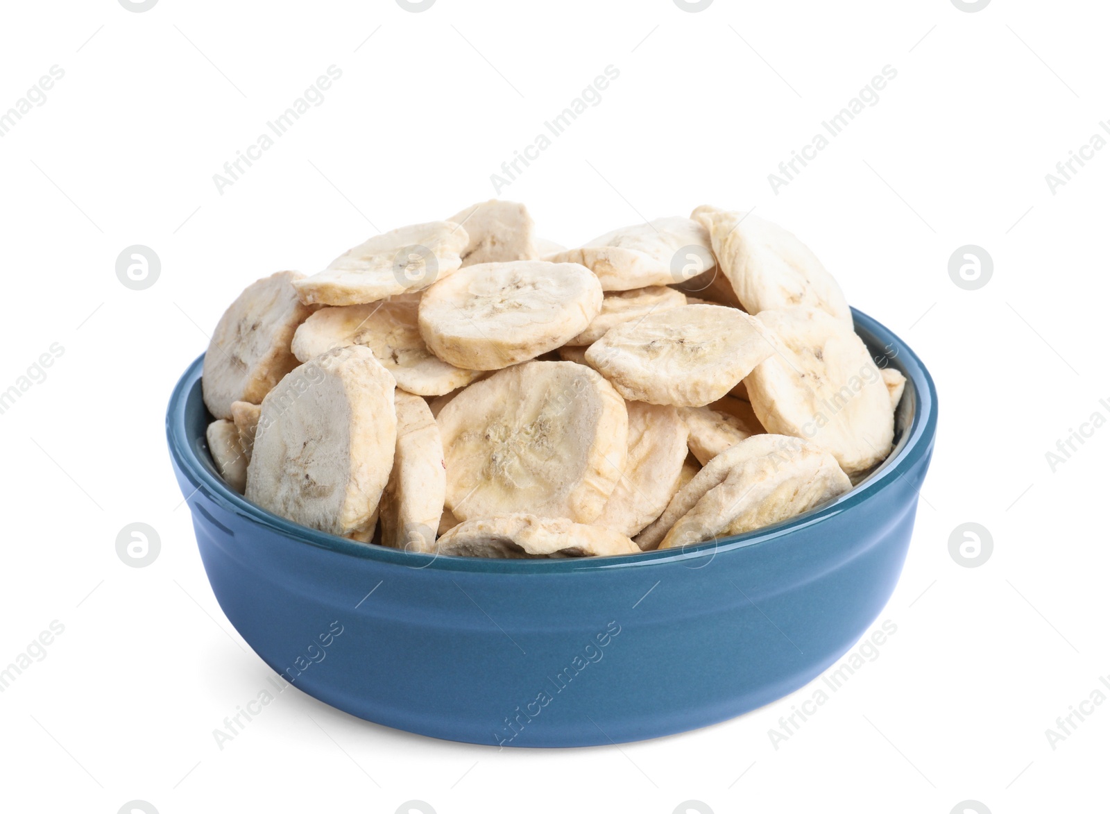 Photo of Freeze dried bananas in bowl on white background