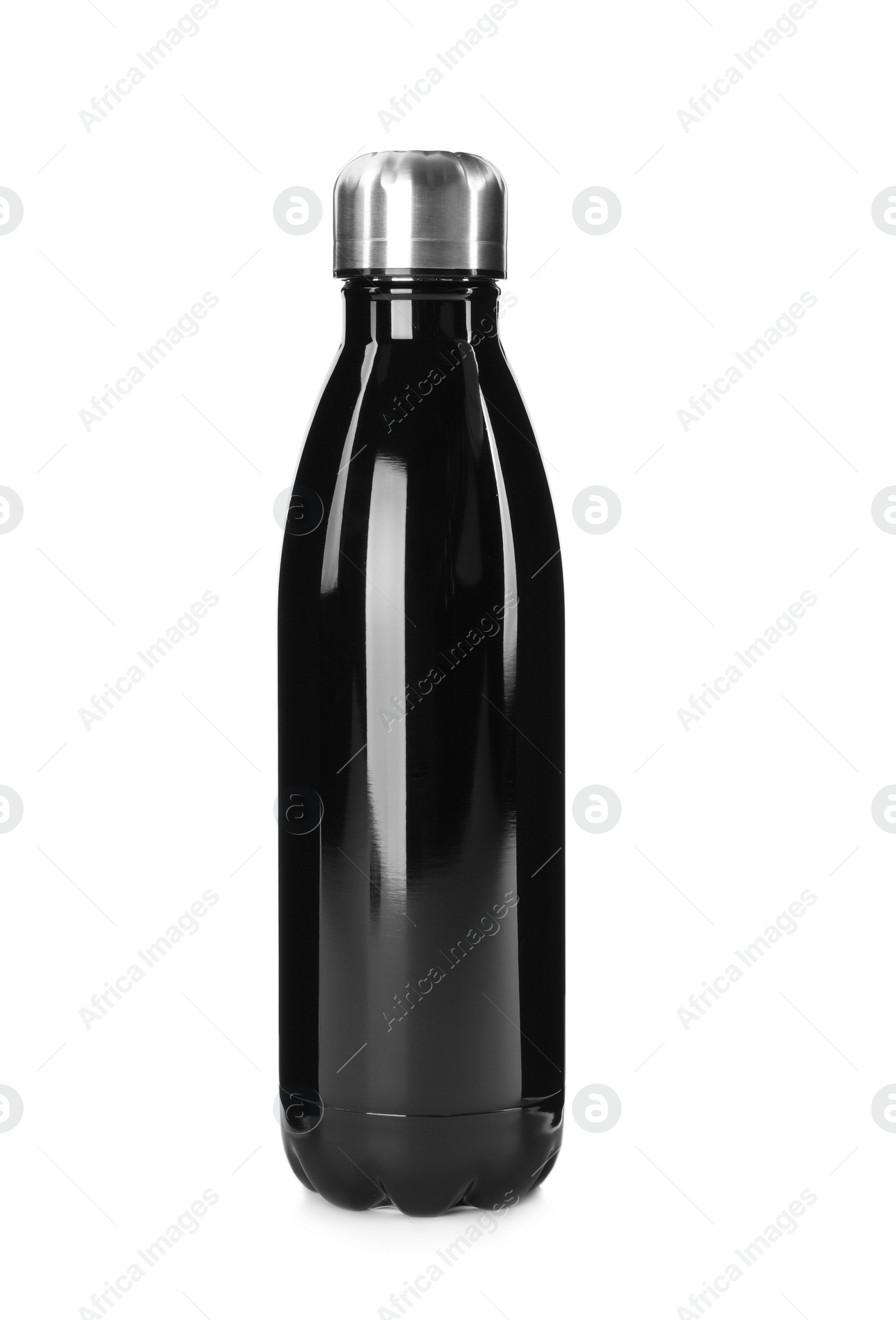 Photo of Modern black thermos bottle isolated on white