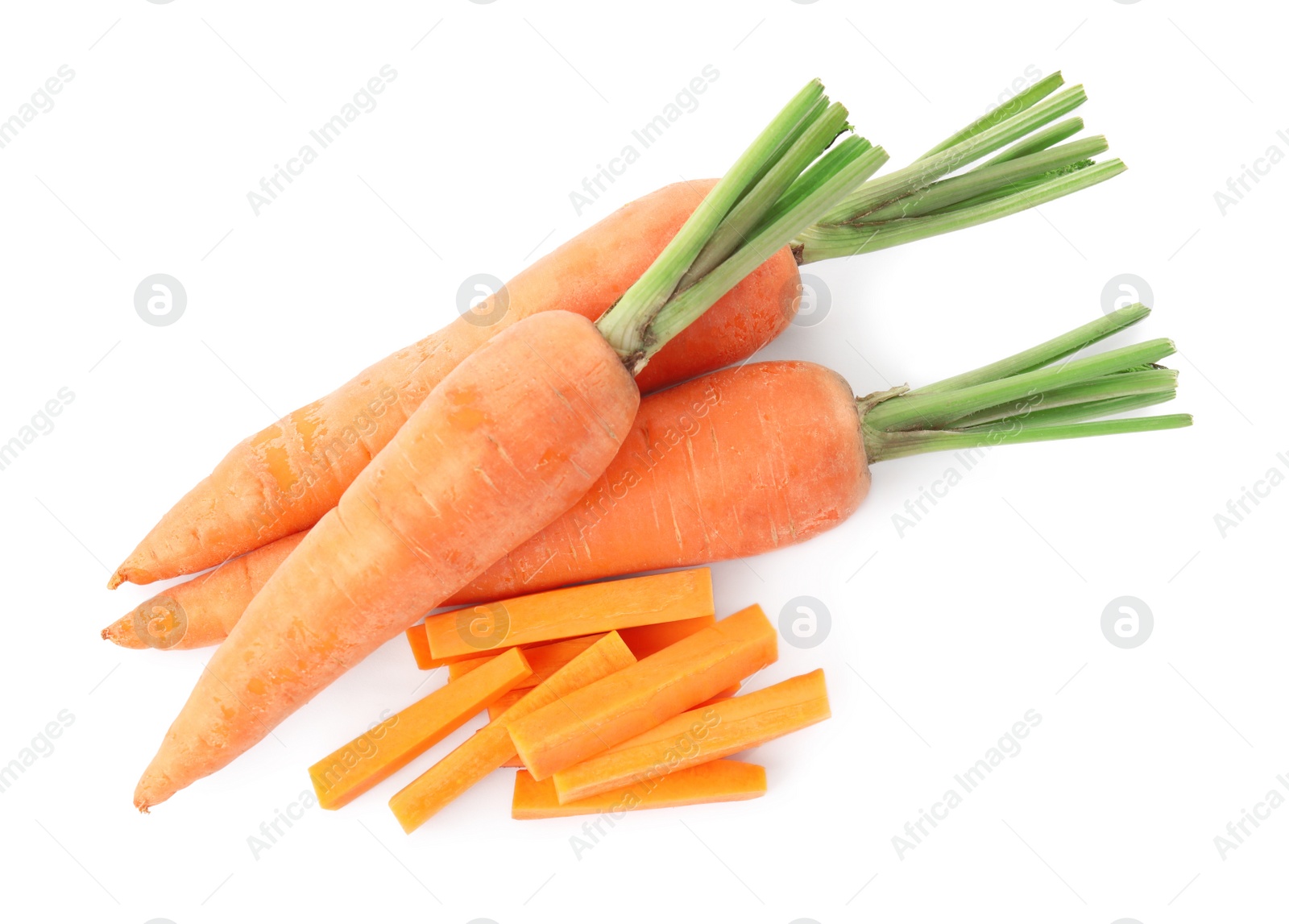 Photo of Whole and cut ripe carrots isolated on white, top view
