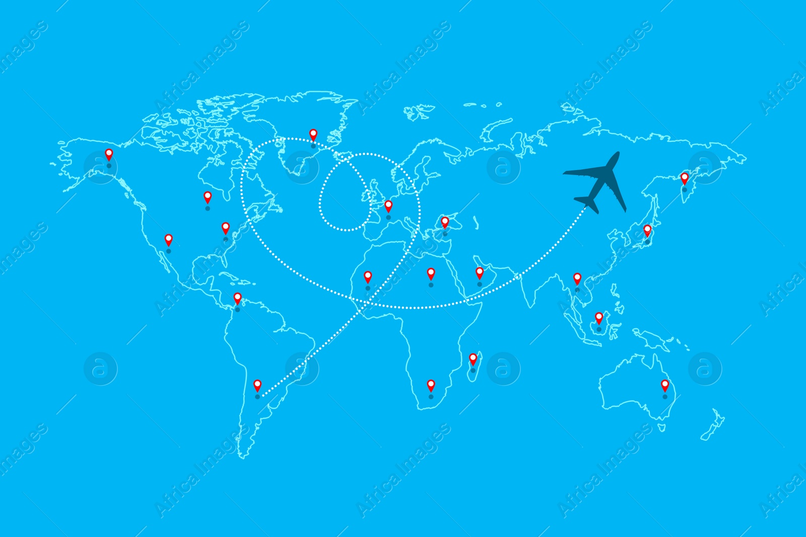 Illustration of Flight routs map with airplane on it, illustration 