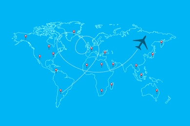 Illustration of Flight routs map with airplane on it, illustration 