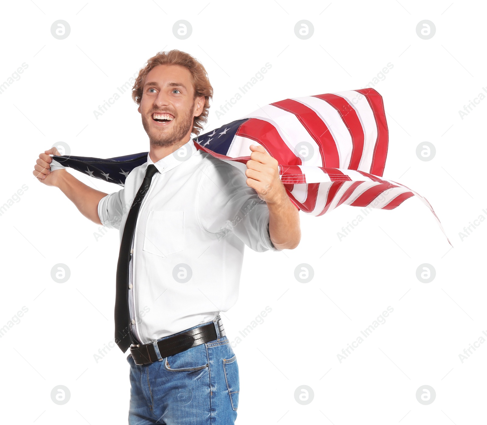 Photo of Young man with American flag on white background