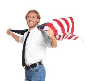 Photo of Young man with American flag on white background