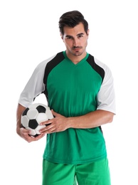 Photo of Young football player with ball on white background