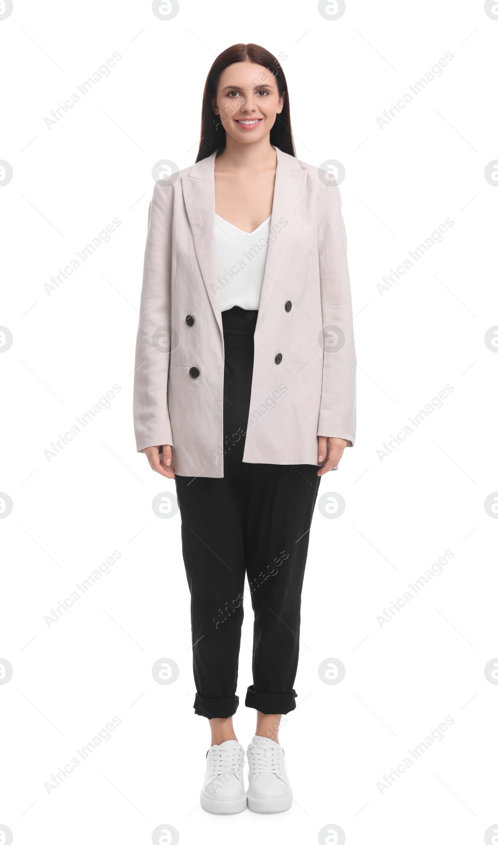 Photo of Beautiful young businesswoman in suit on white background