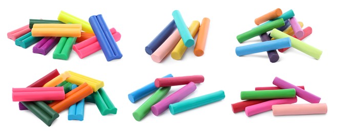 Image of Set with different colorful plasticine pieces on white background. Banner design 