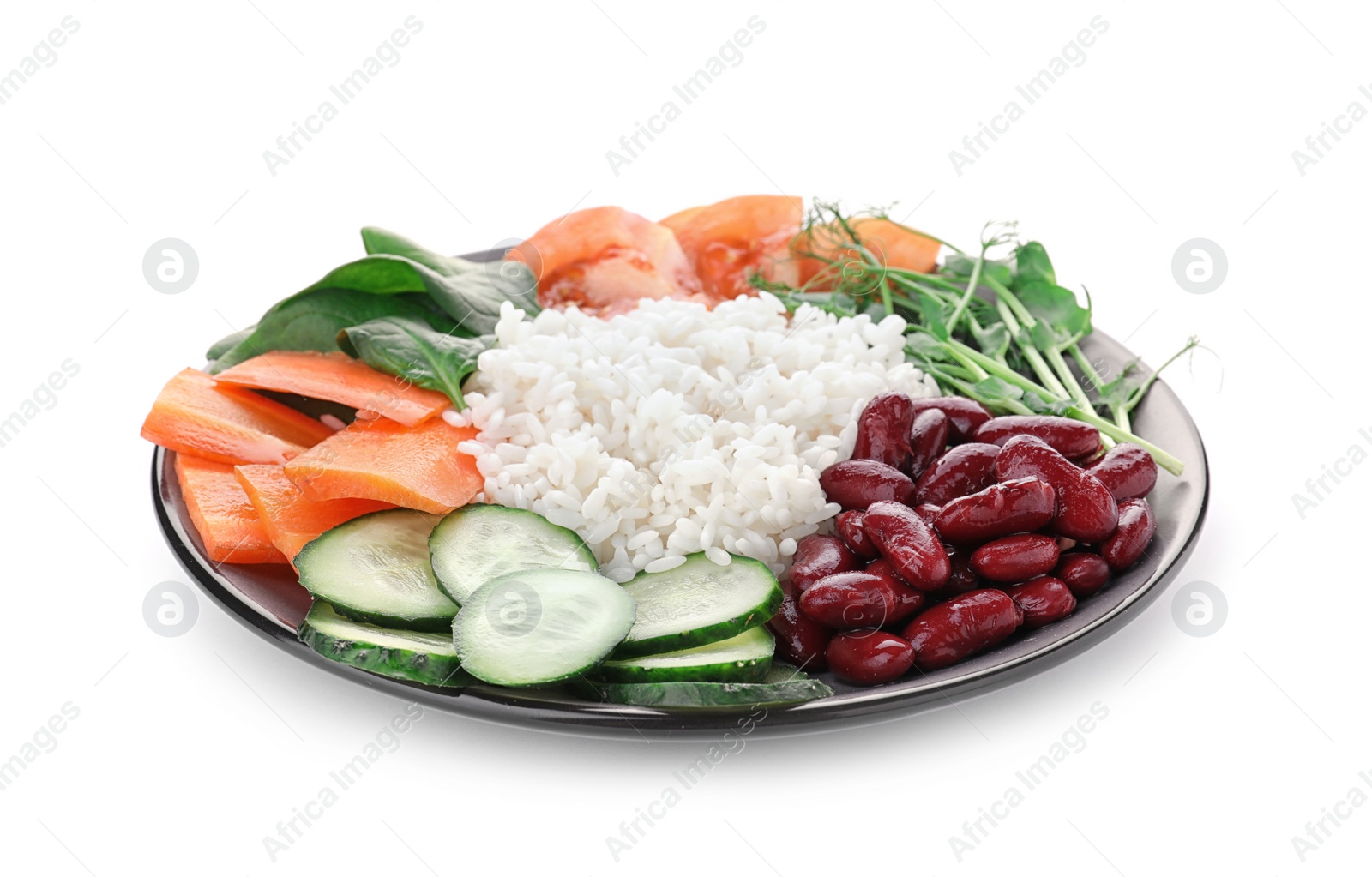 Photo of Tasty rice with beans and vegetables isolated on white