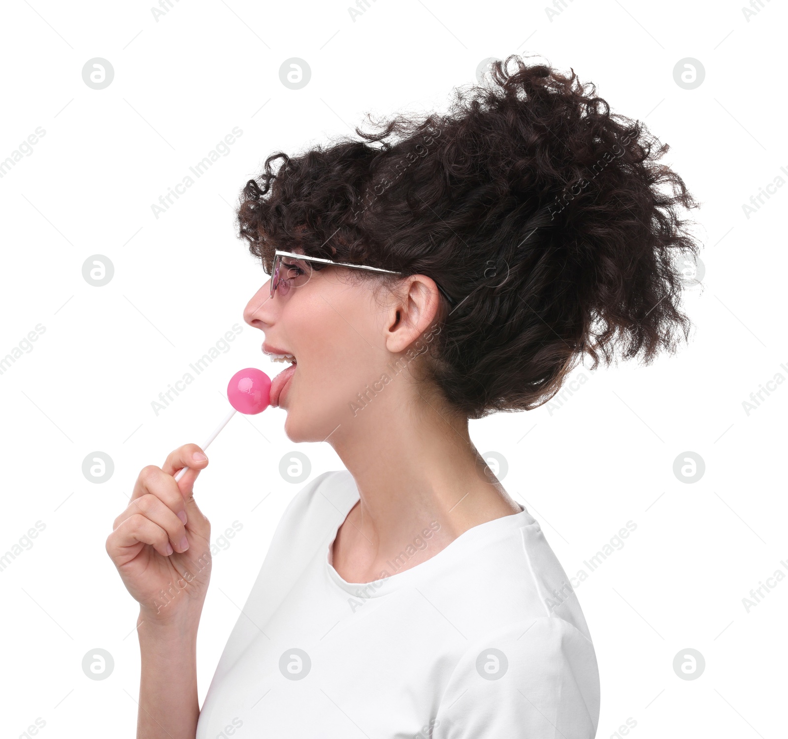 Photo of Beautiful woman in sunglasses with lollipop on white background