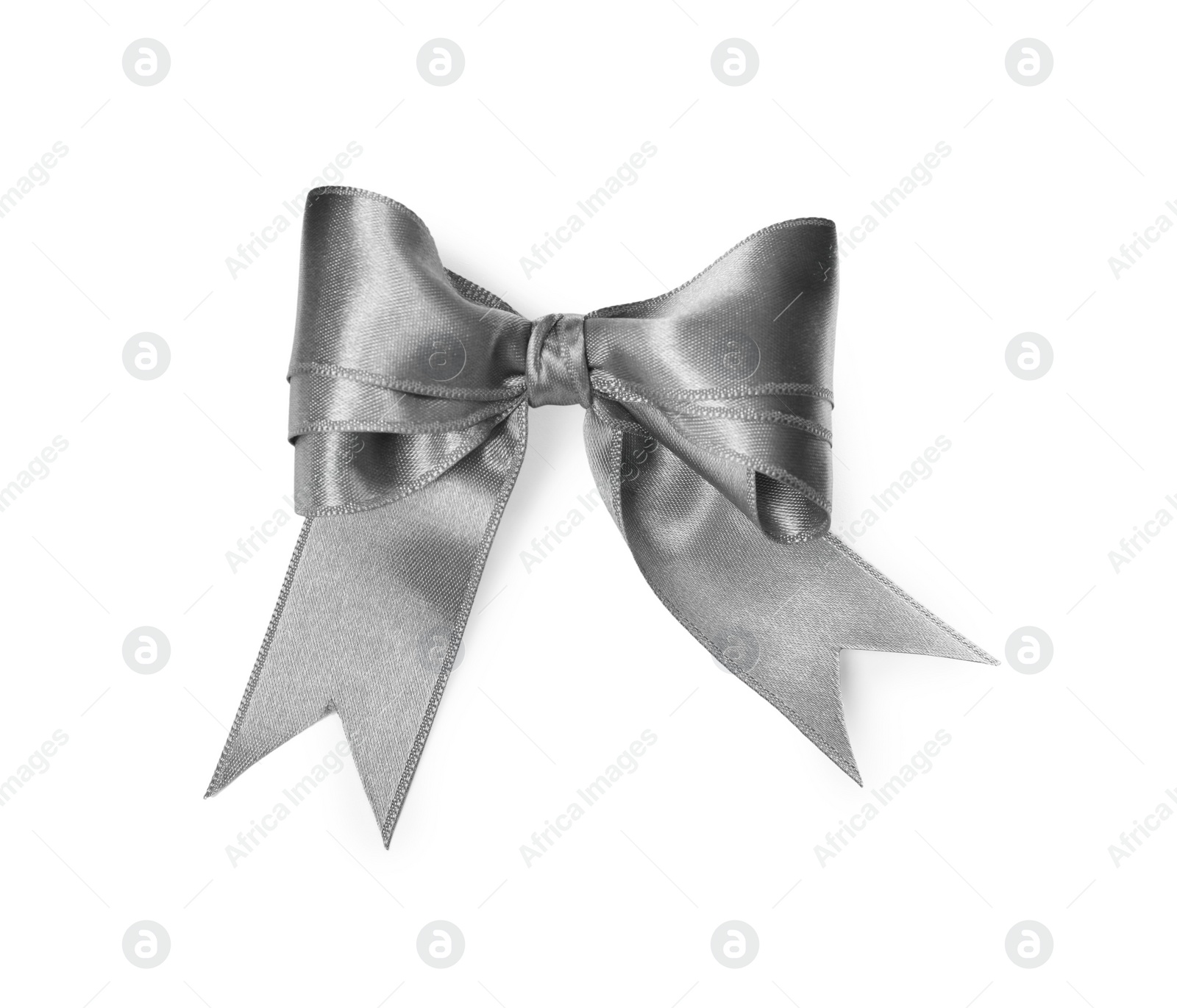 Photo of Silver satin ribbon tied in bow on white background, top view