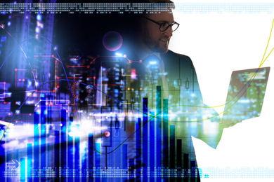 Forex trading. Charts with schemes against double exposure of man and night city