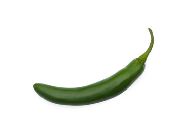 Photo of Green hot chili pepper isolated on white, top view