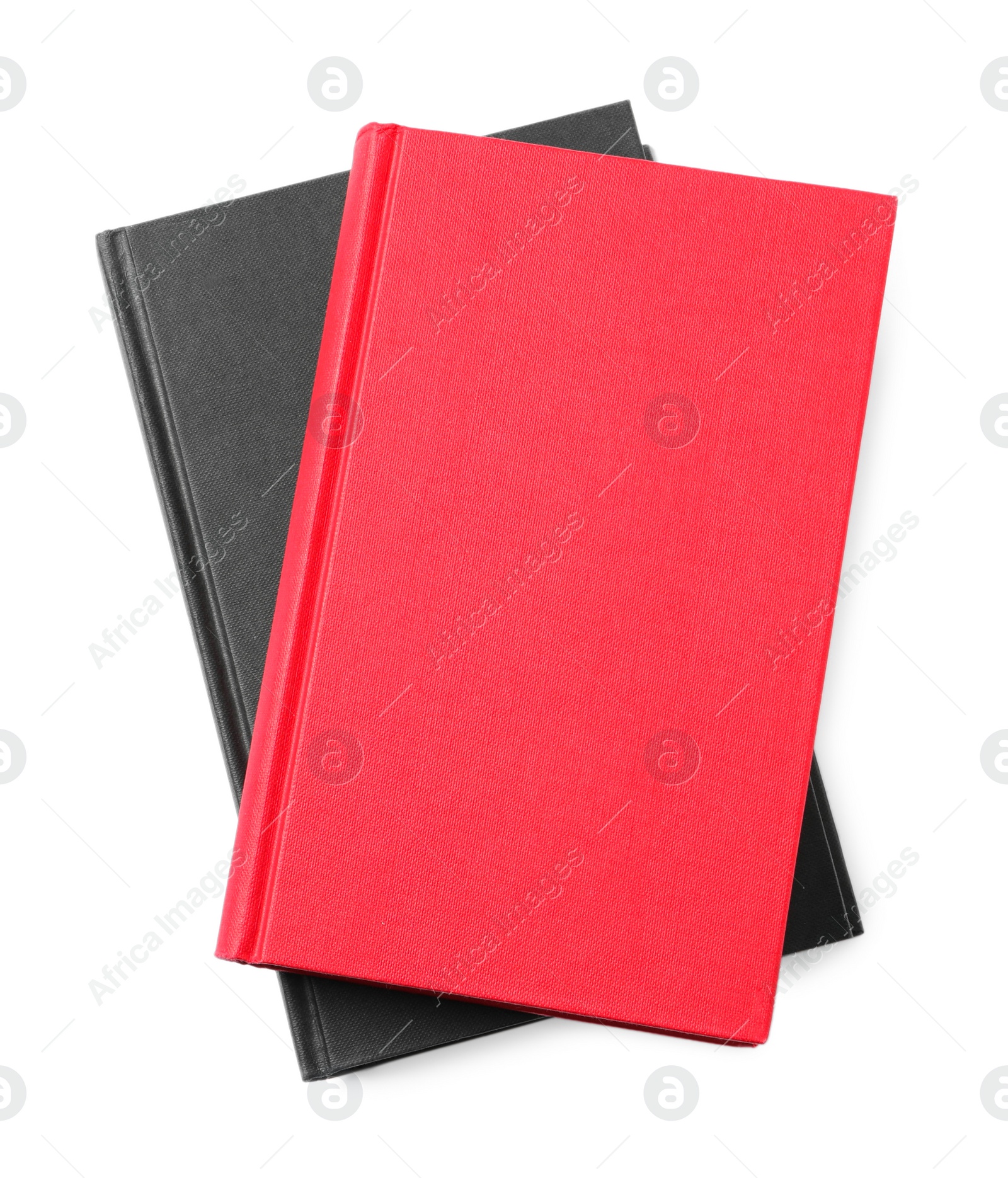 Photo of Stack of hardcover books isolated on white, top view