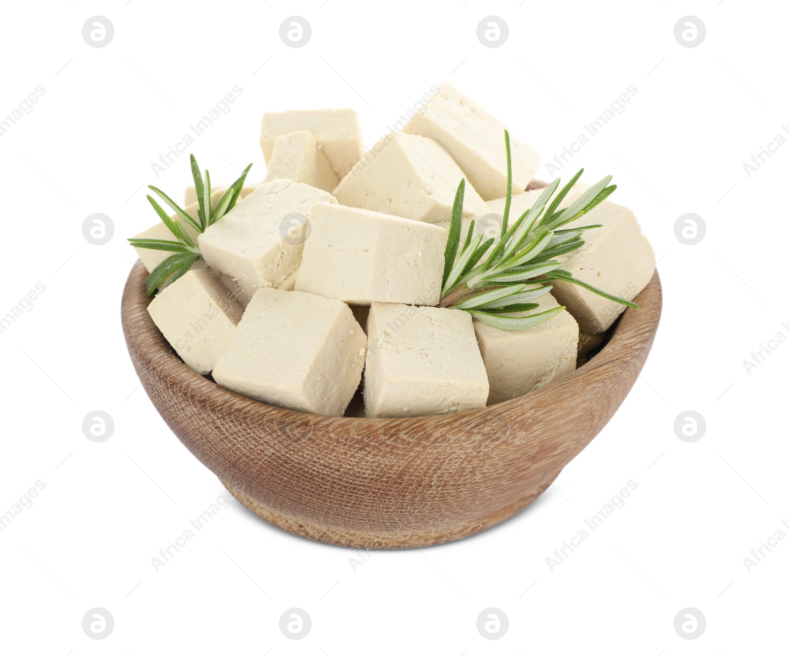 Photo of Wooden bowl with delicious tofu and rosemary isolated on white