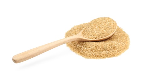 Pile of brown sugar and wooden spoon isolated on white