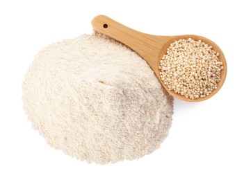 Pile of quinoa flour and spoon with seeds on white background, top view