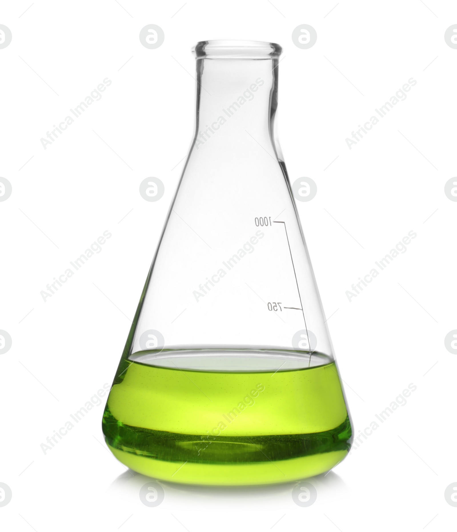 Photo of Conical flask with color liquid isolated on white