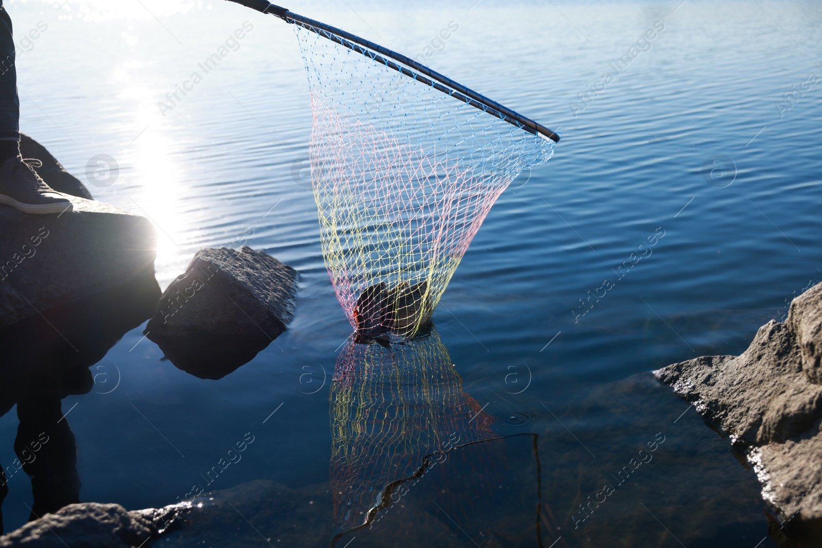 Photo of Fisherman holding fishing net with catch at riverside, closeup