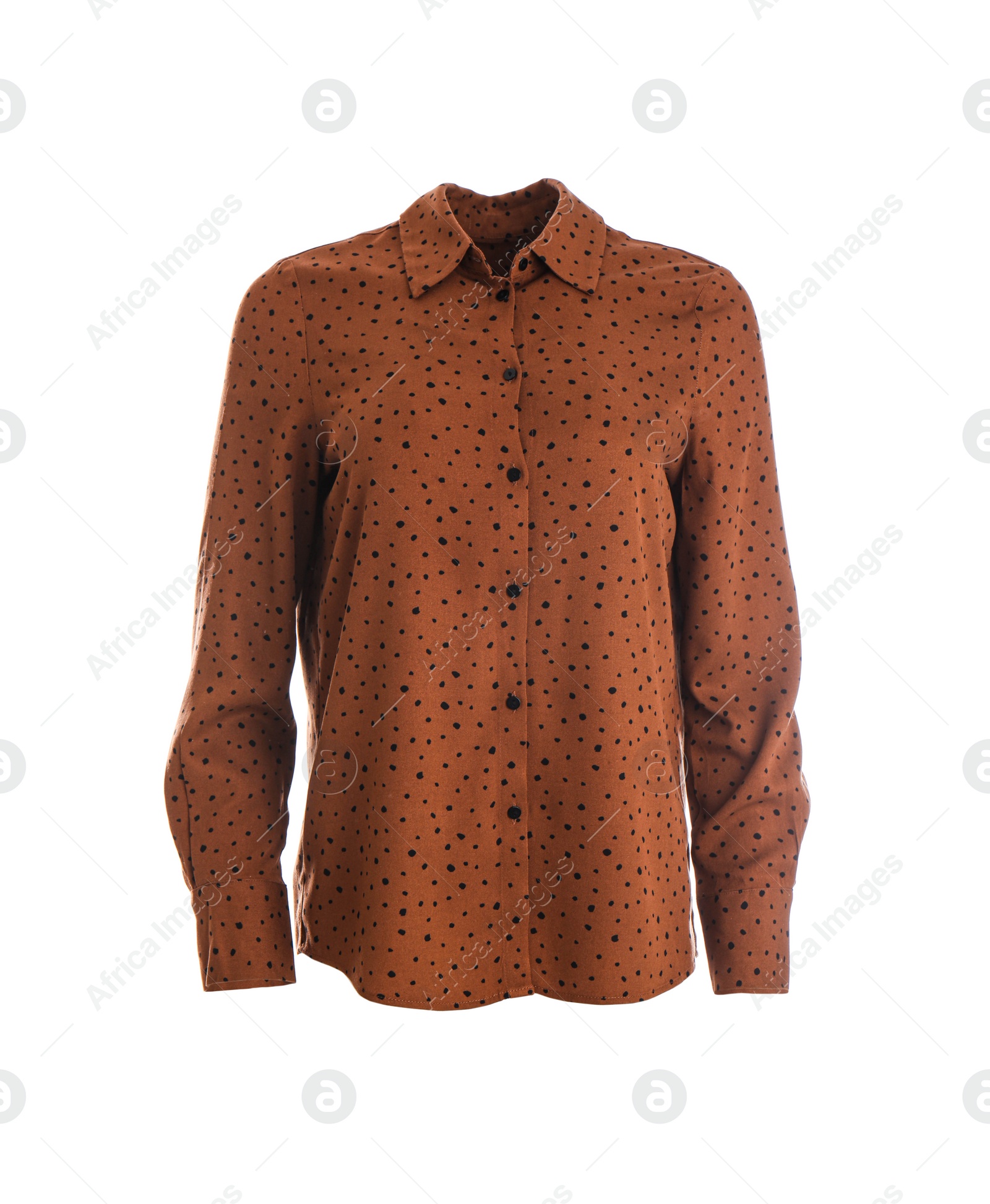 Photo of Elegant brown shirt on mannequin against white background. Women's clothes