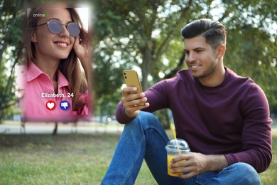 Smiling man looking for partner via dating site outdoors. Profile photo of woman, information and icons