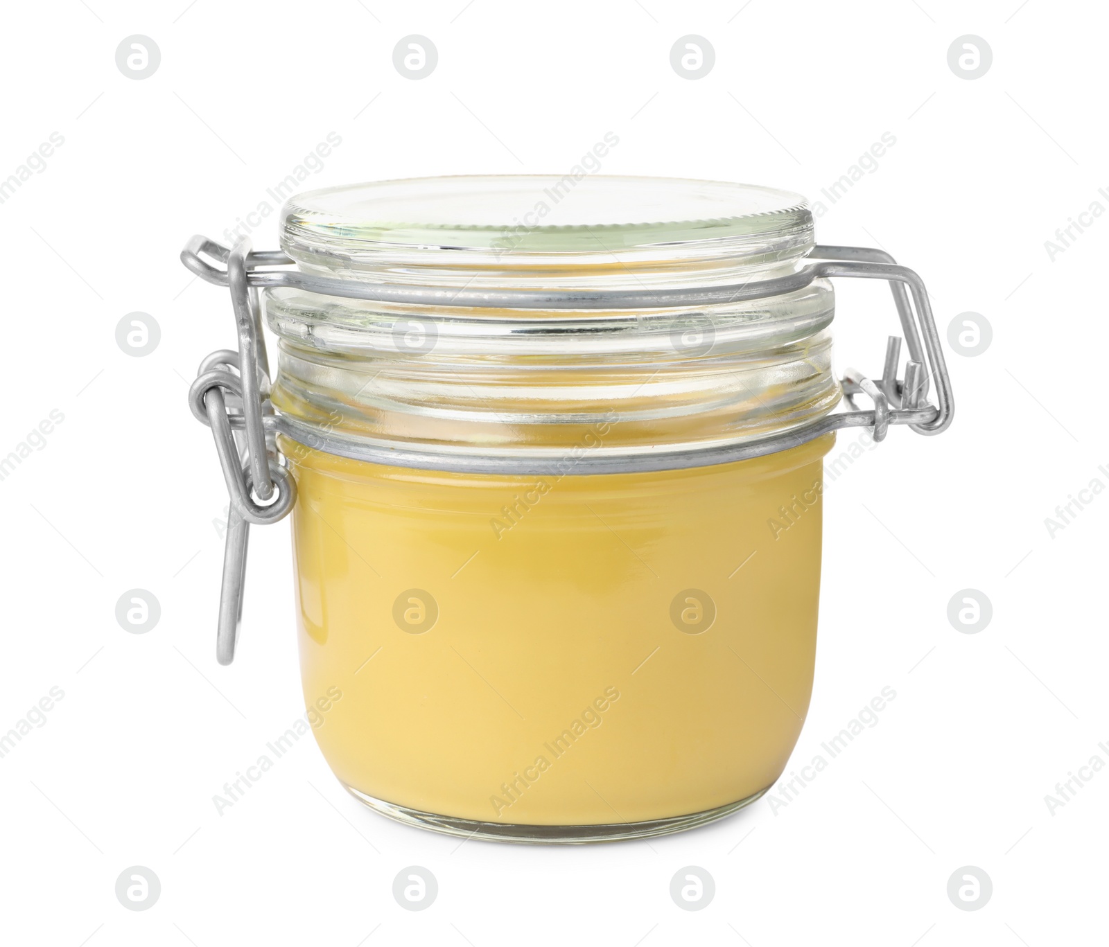 Photo of Spicy mustard in glass jar isolated on white