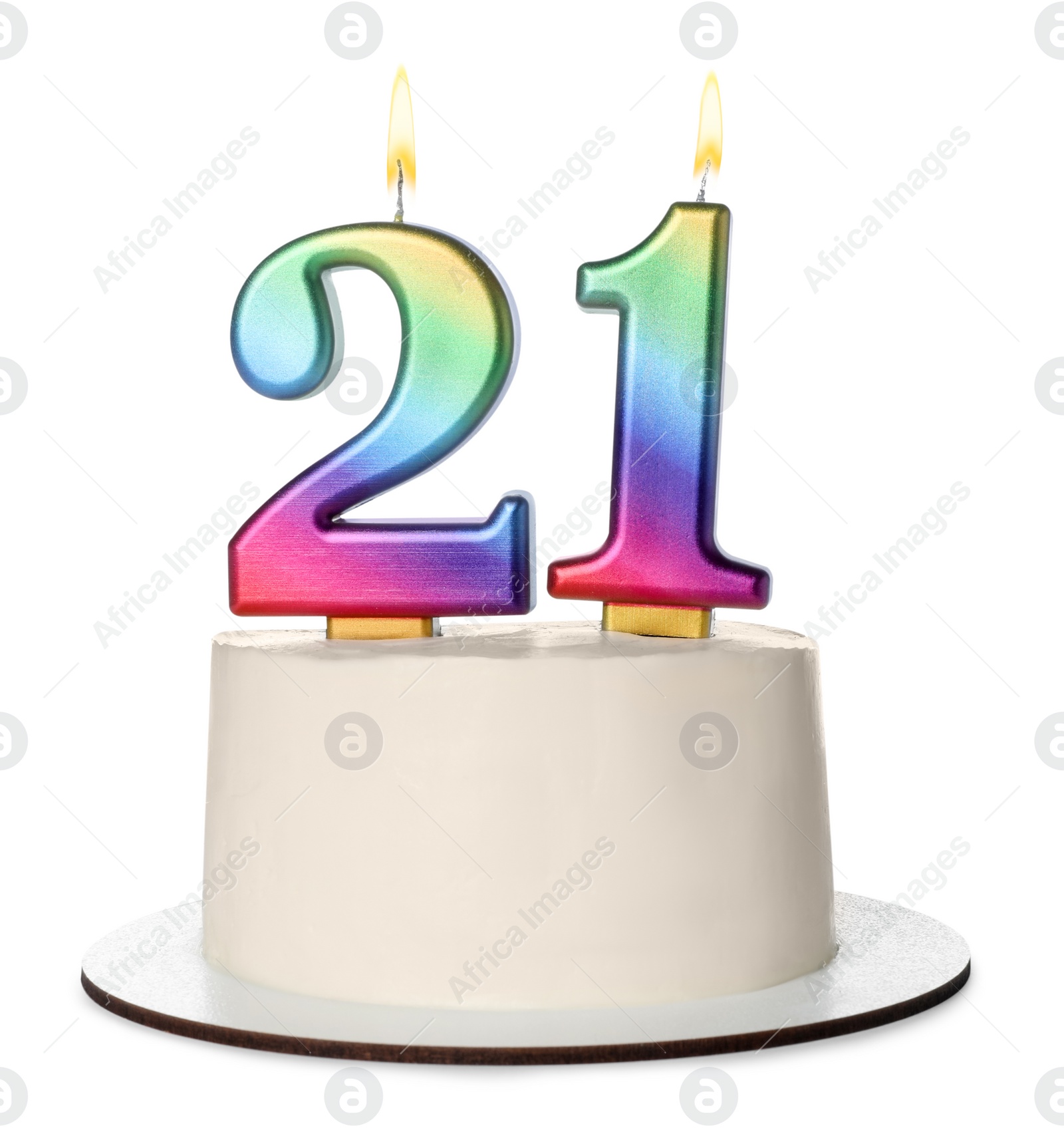 Photo of 21st birthday. Delicious cake with number shaped candles for coming of age party isolated on white