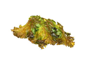 Photo of Tasty baked kale chip isolated on white