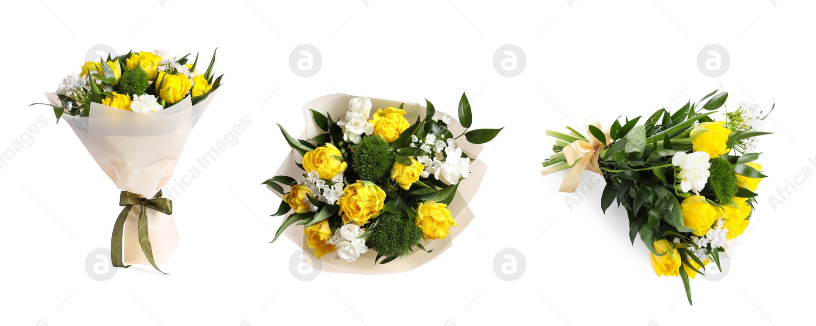 Image of Beautiful bouquets of tulip flowers isolated on white, set