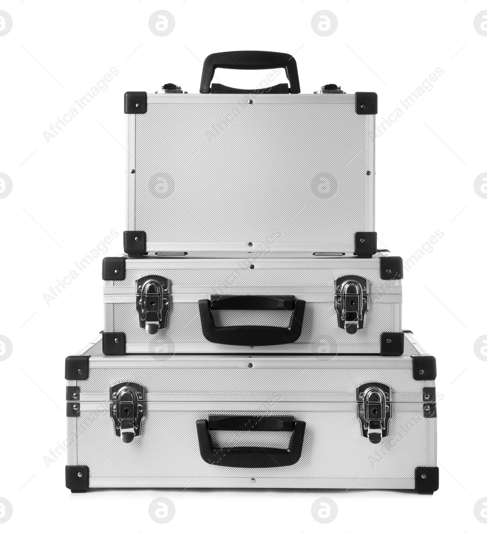 Photo of Set of aluminum hard cases on white background