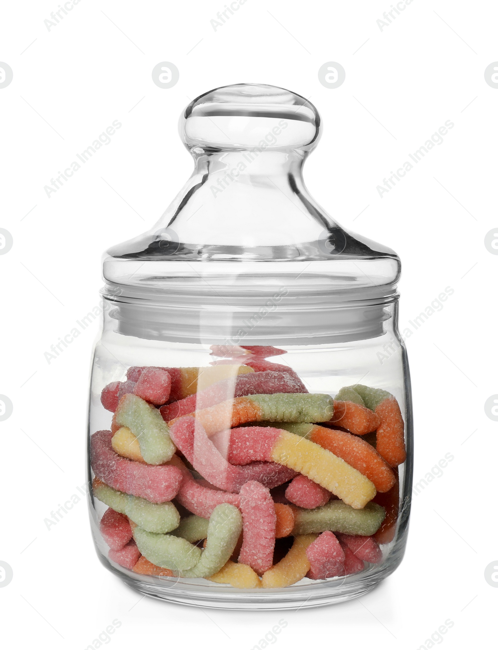 Photo of Many jelly candies in glass jar isolated on white