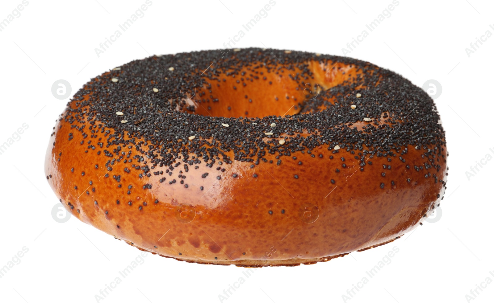 Photo of Delicious fresh bagel with poppy seeds isolated on white