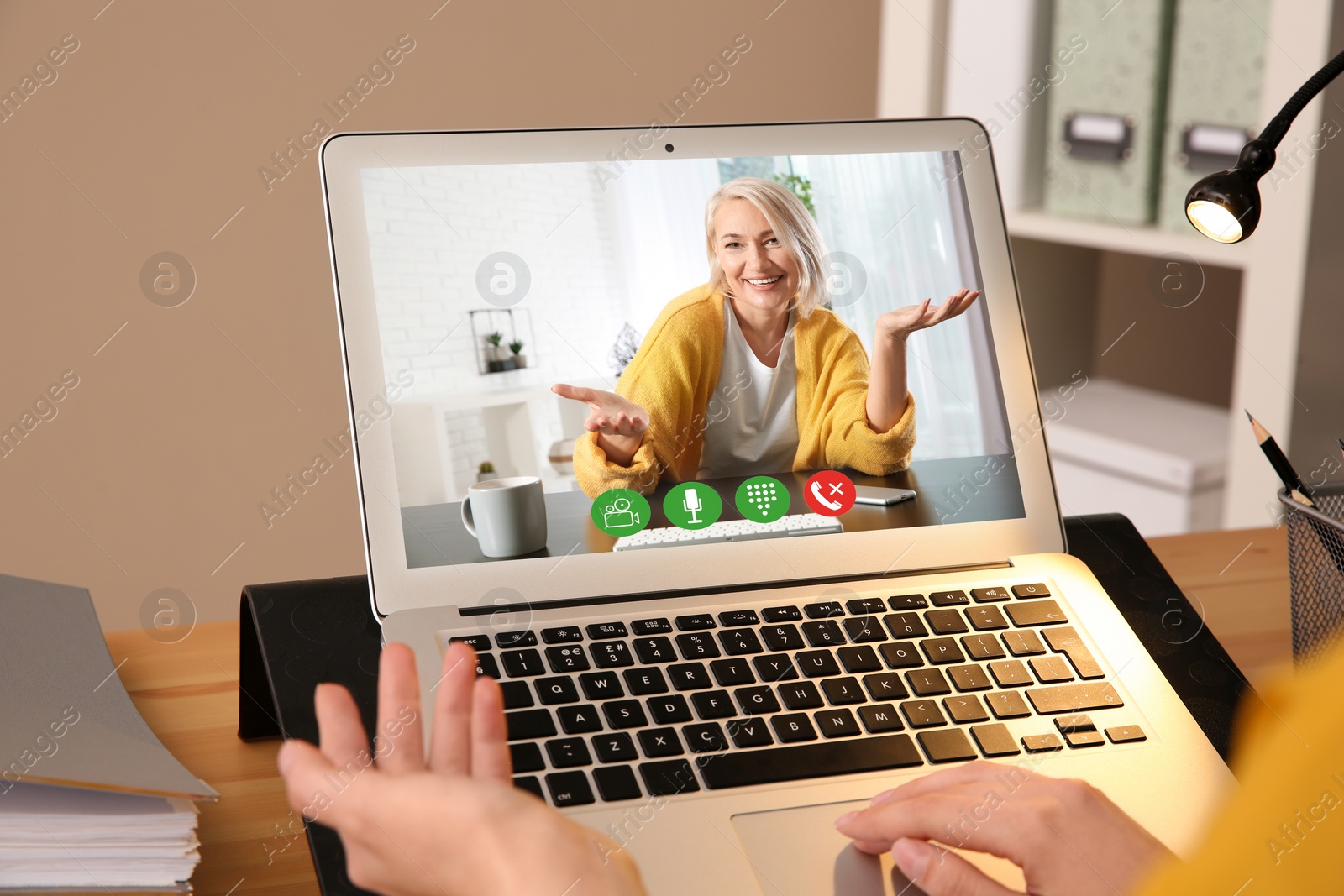 Image of Woman using video chat for online job interview in office, closeup 