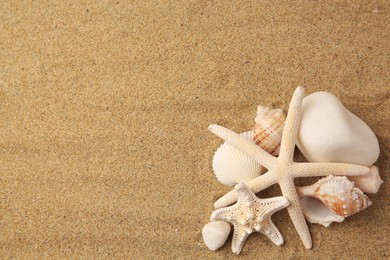 Photo of Beautiful sea stars, shells and stones on sand, flat lay. Space for text