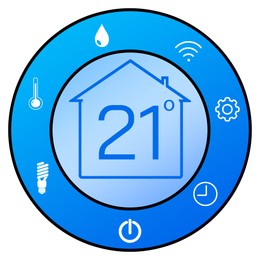 Illustration of Smart home system. Thermostat display showing ambient temperature in Celsius scale and different icons on white background