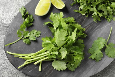 Fresh green cilantro and lime slices on grey table, top view