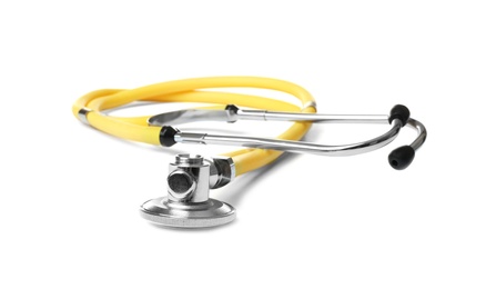 Photo of Stethoscope on white background. Medical students stuff