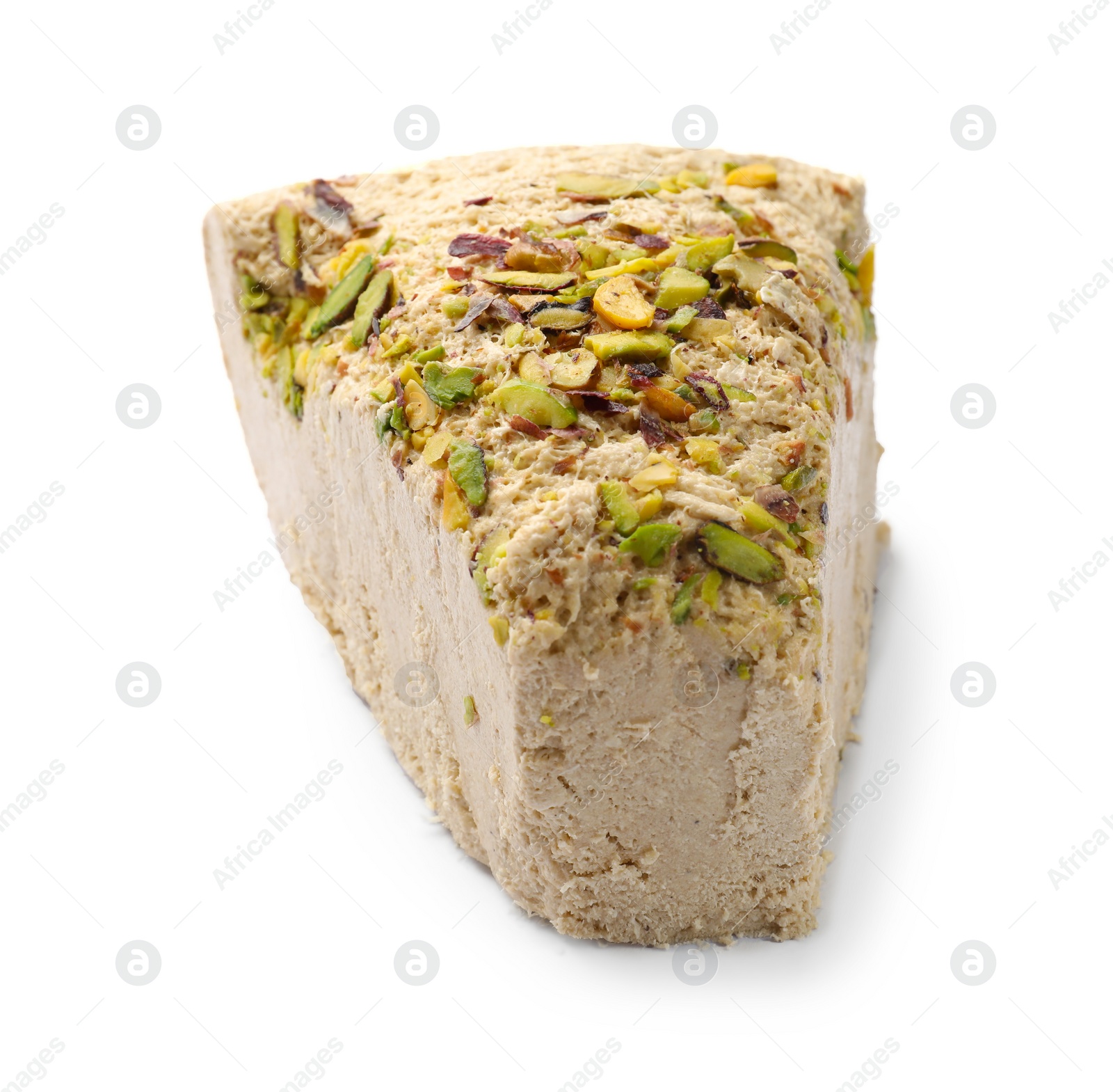 Photo of Piece of tasty halva with pistachios isolated on white