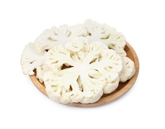 Photo of Wooden plate with cut cauliflowers on white background