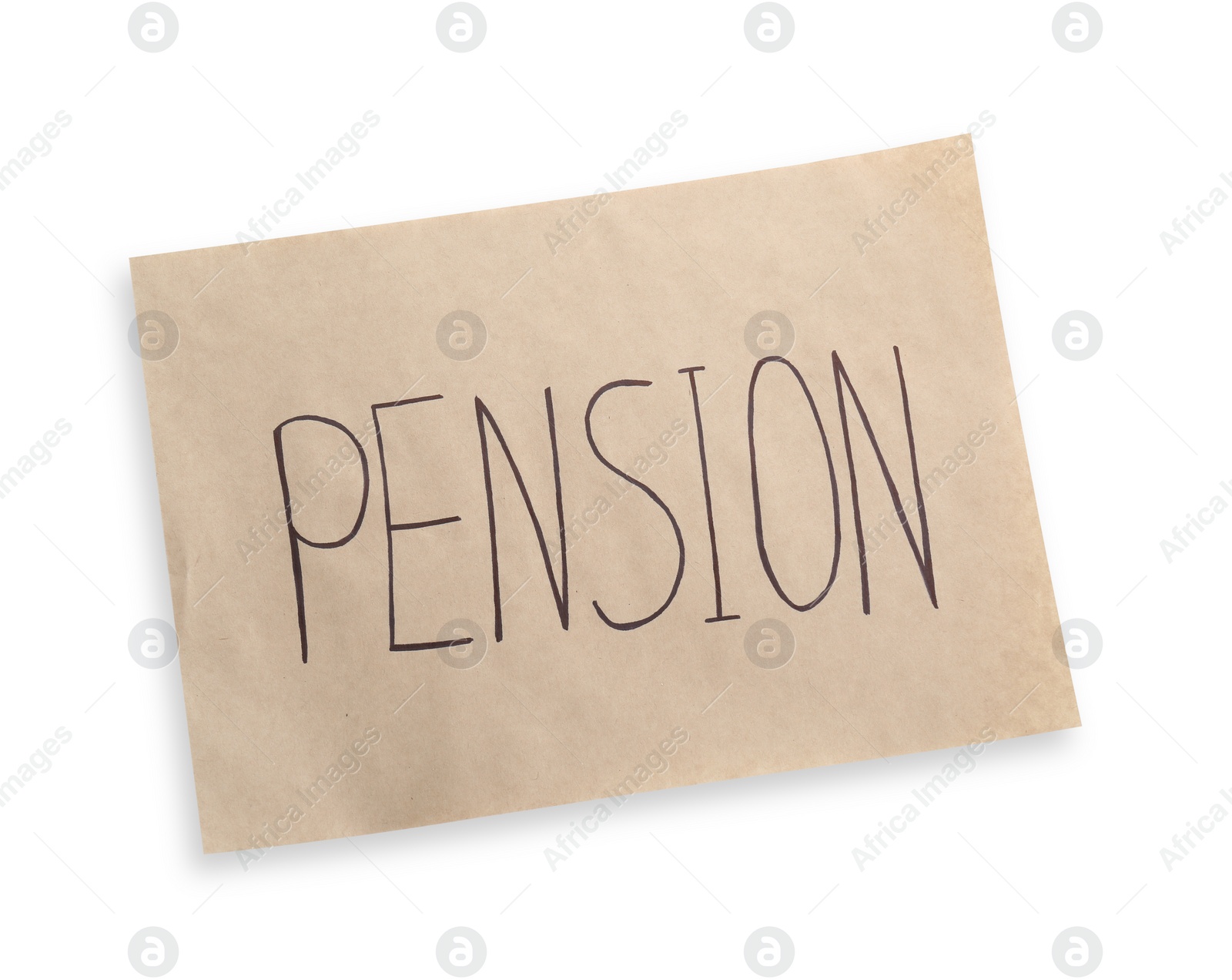 Photo of Card with word Pension isolated on white, top view