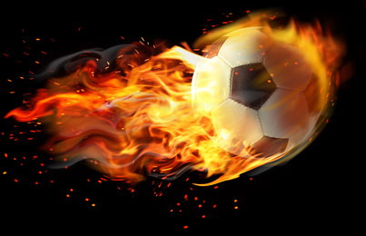 Image of Soccer ball with bright flame flying on black background