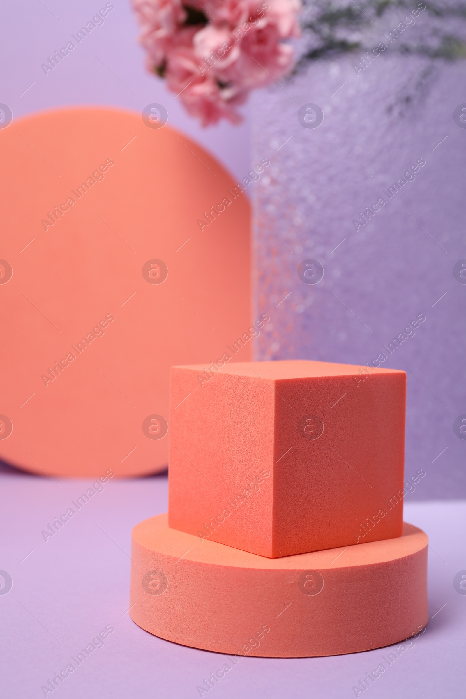 Photo of Geometric figures and pink carnation flowers on light violet background, closeup. Stylish presentation for product