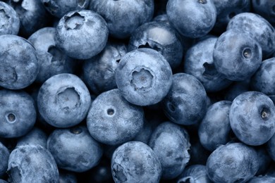 Photo of Tasty fresh ripe blueberries as background, top view