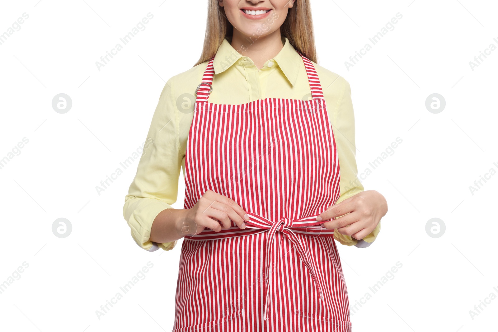 Photo of Woman in clean striped apron on white background, closeup