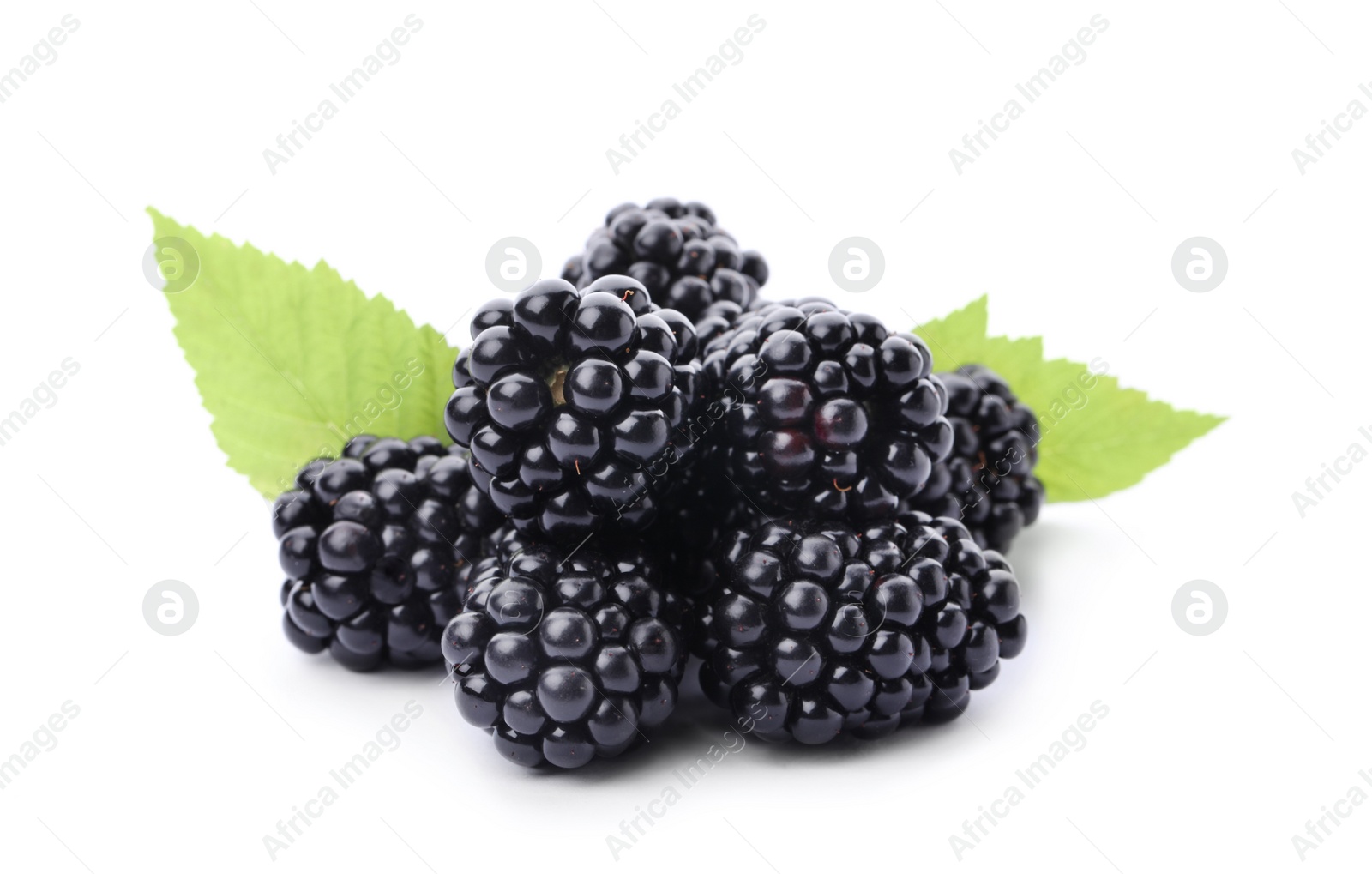 Photo of Pile of tasty ripe blackberries with green leaves on white background