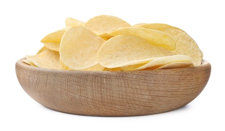 Photo of Bowl with delicious potato chips isolated on white