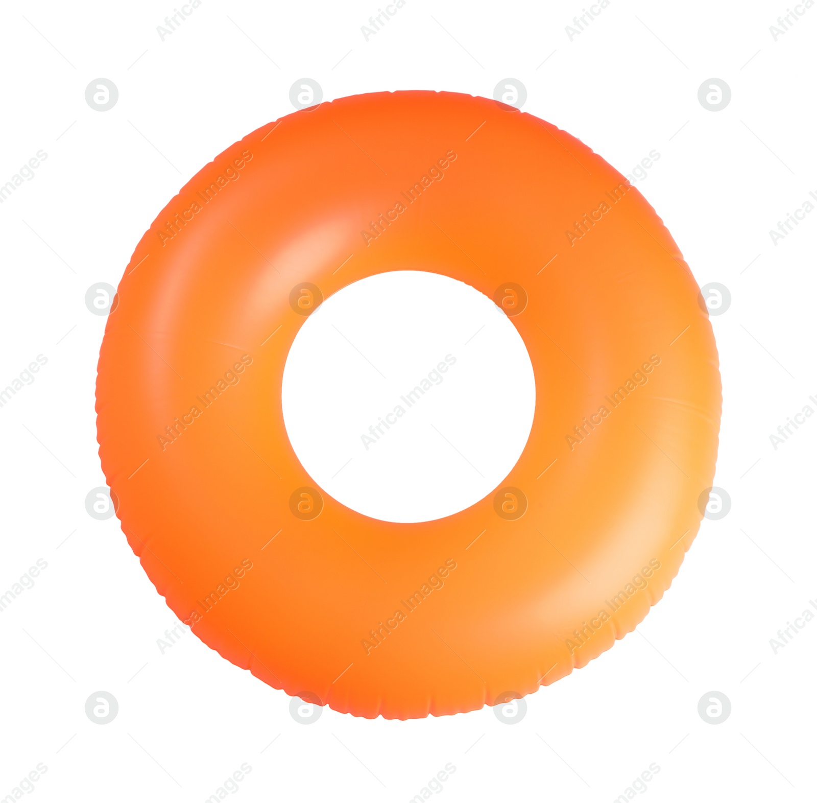 Photo of Orange inflatable ring isolated on white, top view. Beach accessory