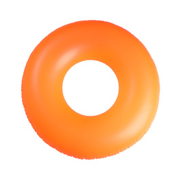 Photo of Orange inflatable ring isolated on white, top view. Beach accessory