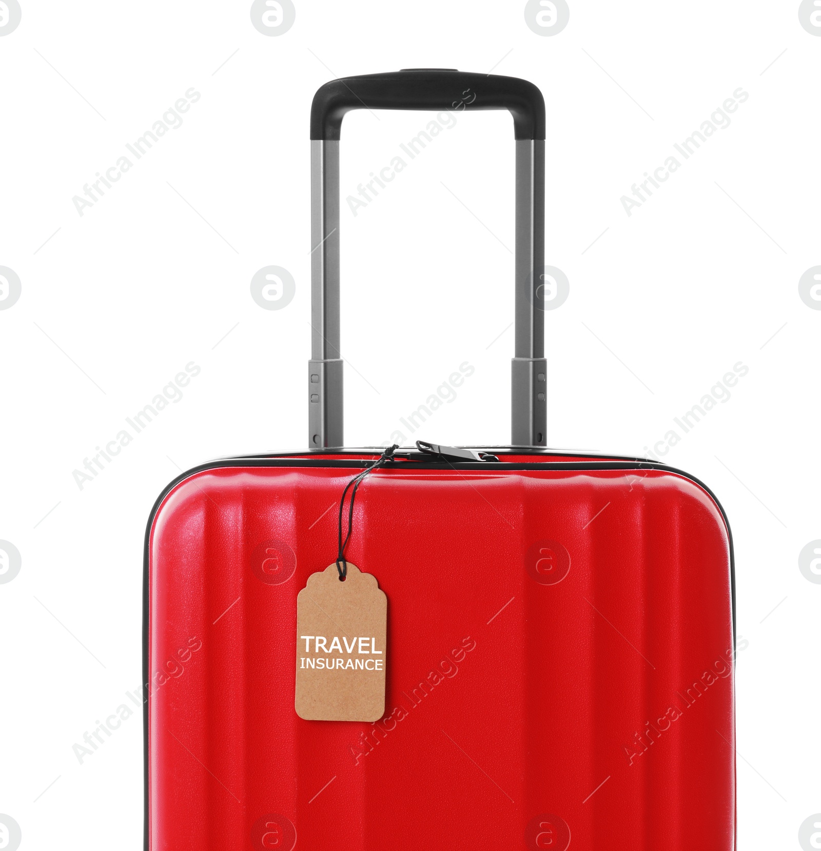 Photo of Red suitcase with TRAVEL INSURANCE label on white background