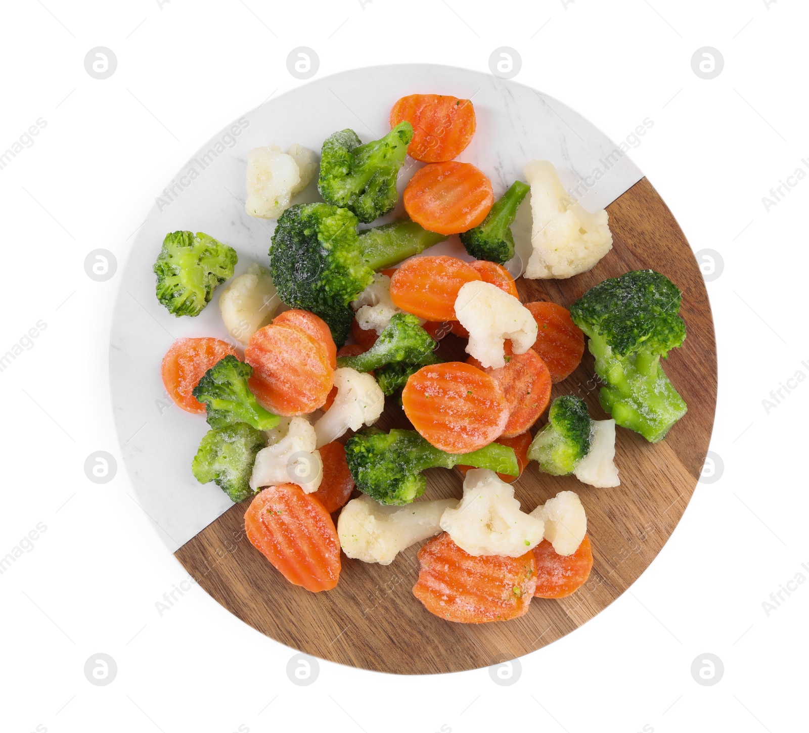 Photo of Mix of different frozen vegetables isolated on white, top view