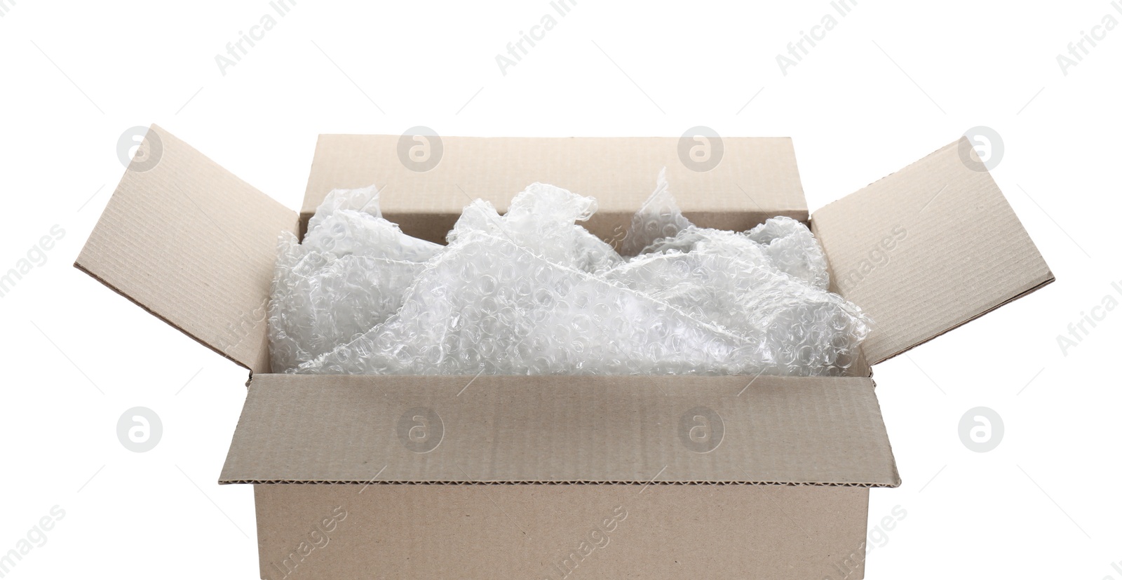 Photo of Transparent bubble wrap in cardboard box isolated on white