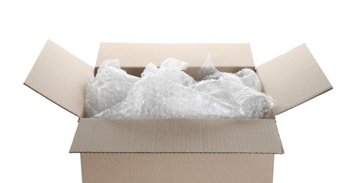 Transparent bubble wrap in cardboard box isolated on white